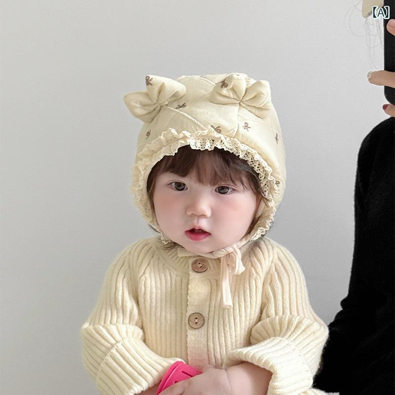ニット帽 ベビー 乳幼児 新生児 0歳 1歳 2歳 冬 防寒 耳あて 厚手 保温 顔まわり防風 リボン 韓国風 か..