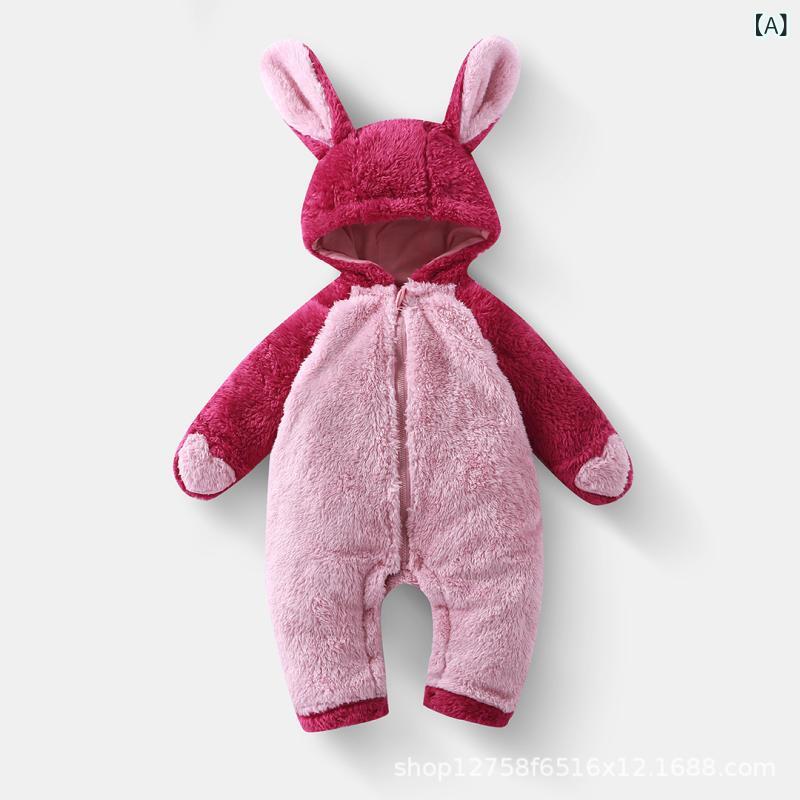 ロンパース ベビー 男女兼用 秋冬 防寒 あったか もこもこ フリース うさぎ パンダ かわいい ルームウェア カバーオール 長袖 フード付き ジップアップ 新生児