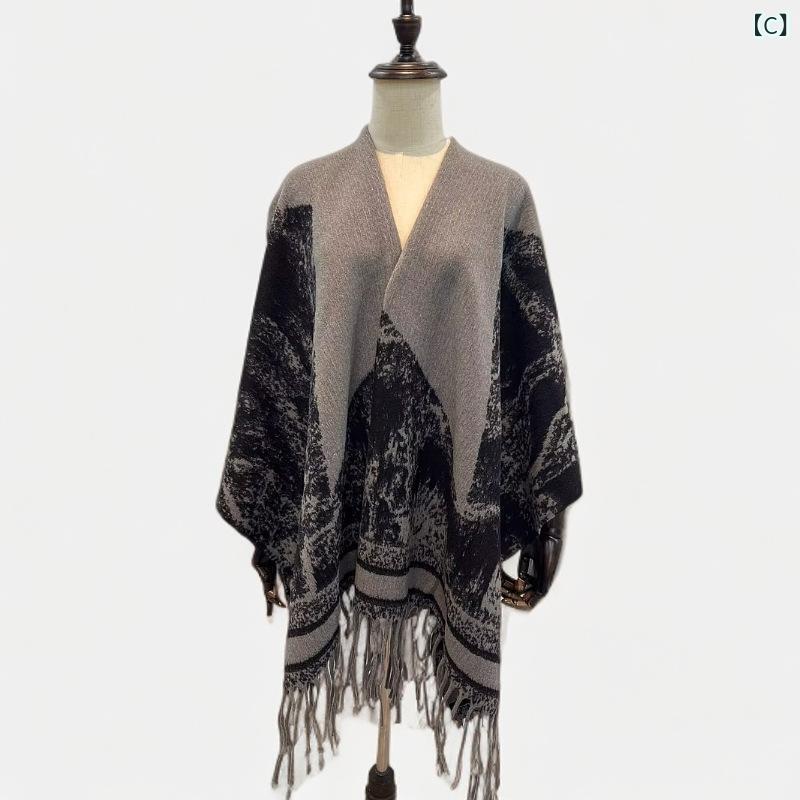 ポンチョ レディース 民族柄 ショール ケープ 羽織り フリンジ カシミヤタッチ 防寒 あったか 旅行 春秋冬 ロング丈 幾何学模様 格子柄