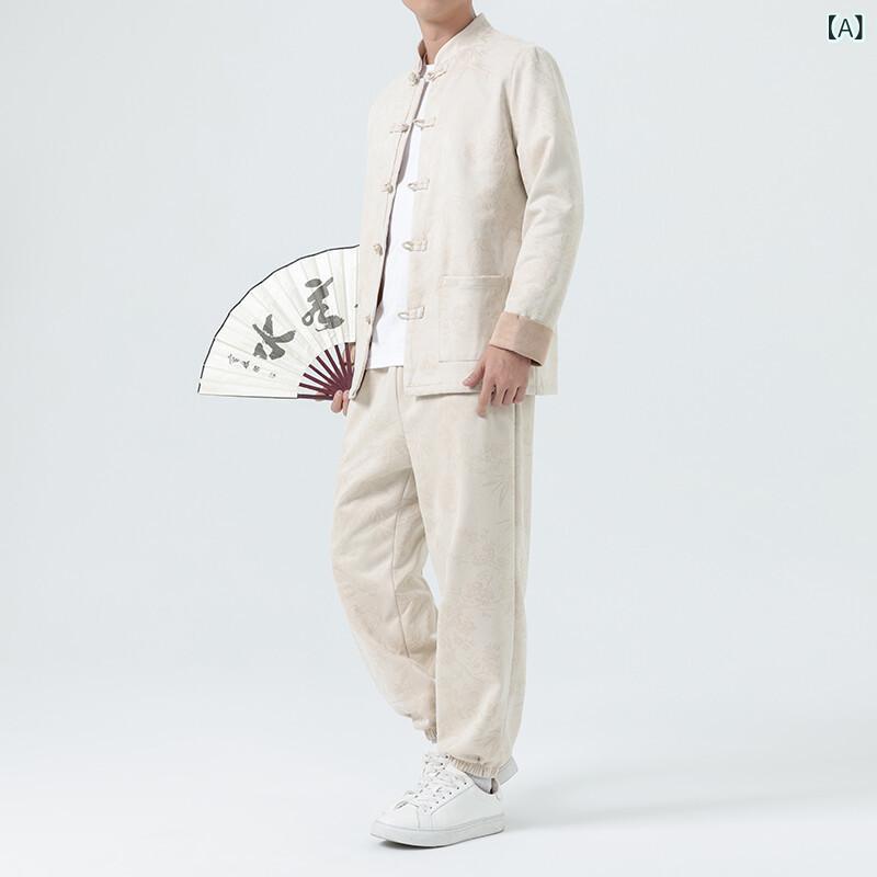 セットアップ メンズ 男性用 春夏 チャイナ風 エスニックテイスト 綿麻素材 スエード調 ジャケット アウター 大きいサイズ ビッグサイズ トレンド カジュアル 2点セット