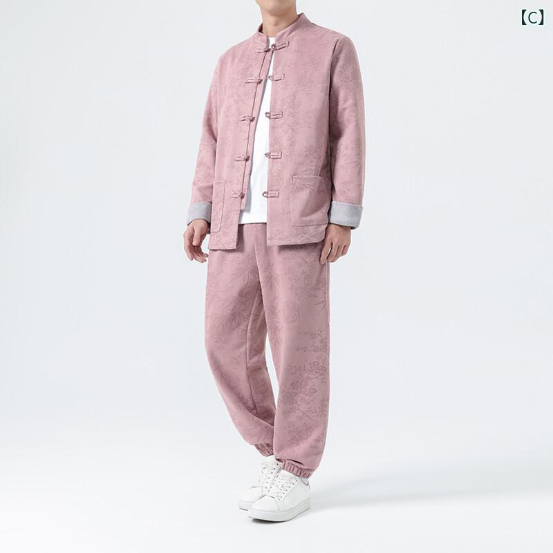セットアップ メンズ 男性用 春夏 チャイナ風 エスニックテイスト 綿麻素材 スエード調 ジャケット アウター 大きいサイズ ビッグサイズ トレンド カジュアル 2点セット