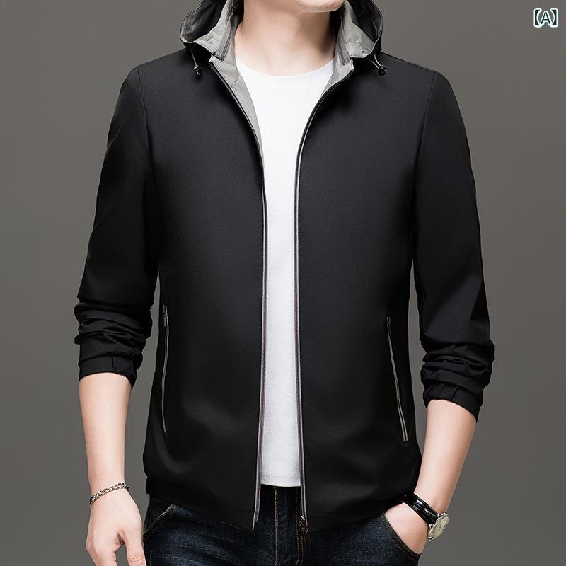 Jumper, Blouson - ジャケット メンズ 春秋 リバーシブル フード付き ジップアップ ブルゾン 長袖 カジュアル アウター スタンドカラー 多機能ポケット 通気性 コーデュロイ ポリエステル 韓国風 ブラック レッド ブルー