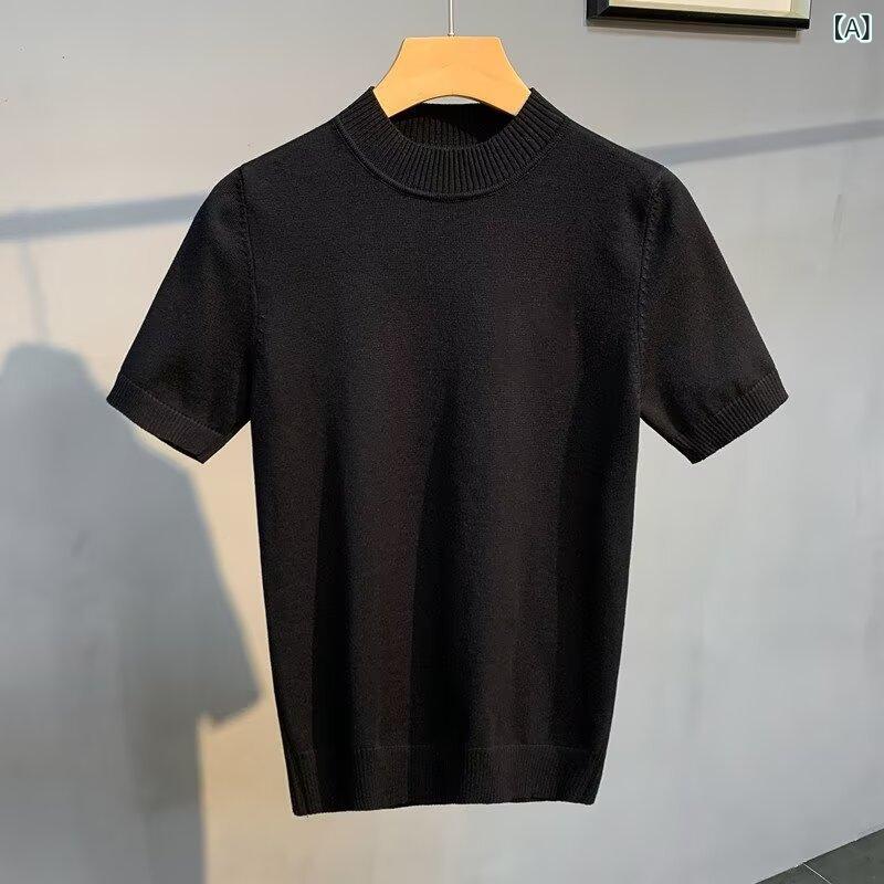 ニット メンズ 男性用 春秋 半ハイネック 半袖 Tシャツ カットソー トップス スリムフィット 細身 無地 ソリッドカラー 韓国風ファッション インナー ポリエステル 綿混紡 形態安定 プルオーバー カジュアル 普段使い
