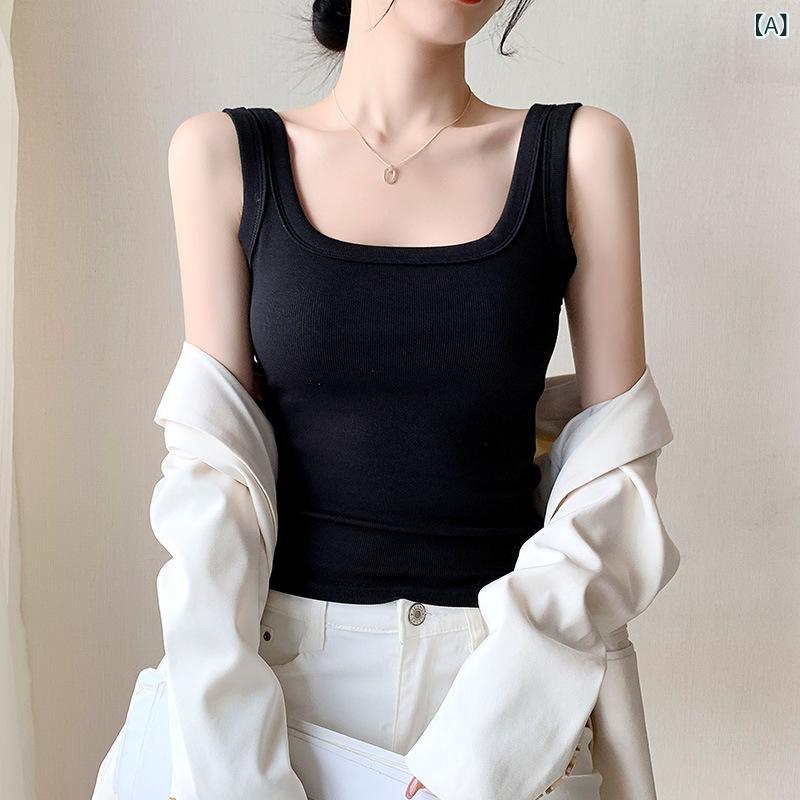 Camisoles - タンクトップ レディース リブニット スクエアネック 薄手 ノースリーブ インナー モダール 再生繊維 スリムフィット 高伸縮性 スタイルアップ 無地 着回し カジュアル 春夏 レイヤード オフィス