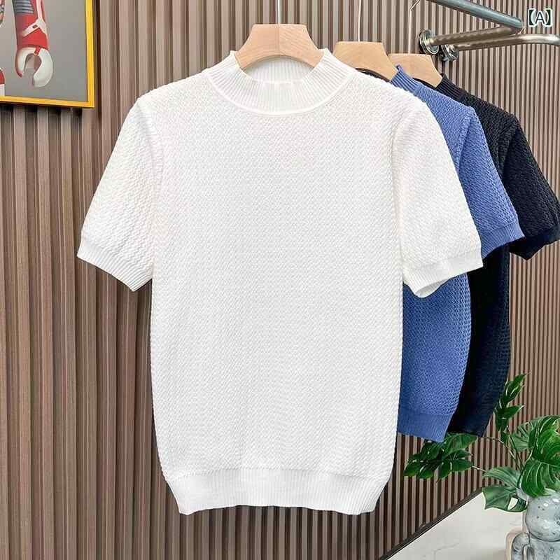 Tシャツ メンズ 男性用 春秋 韓国風 スリムフィット モックネック ニット 半袖 無地 シンプル プルオーバー カジュアル トップス カットソー ポリエステル 通気性 白 黒 青