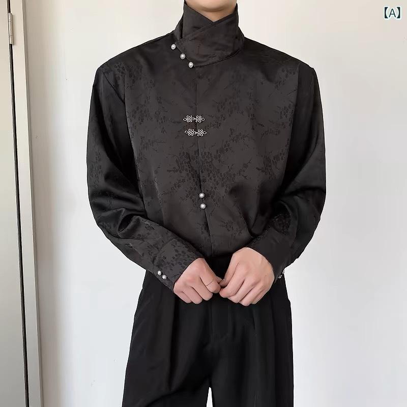 シャツ 男女兼用 新中式 改良漢服 スタンドカラー チャイナボタン 長袖 ブラウス サテン光沢 ゆったり 馬面スカート 和風 レトロ 花柄 秋 イベント 普段使い ポリエステル混紡 黒 白