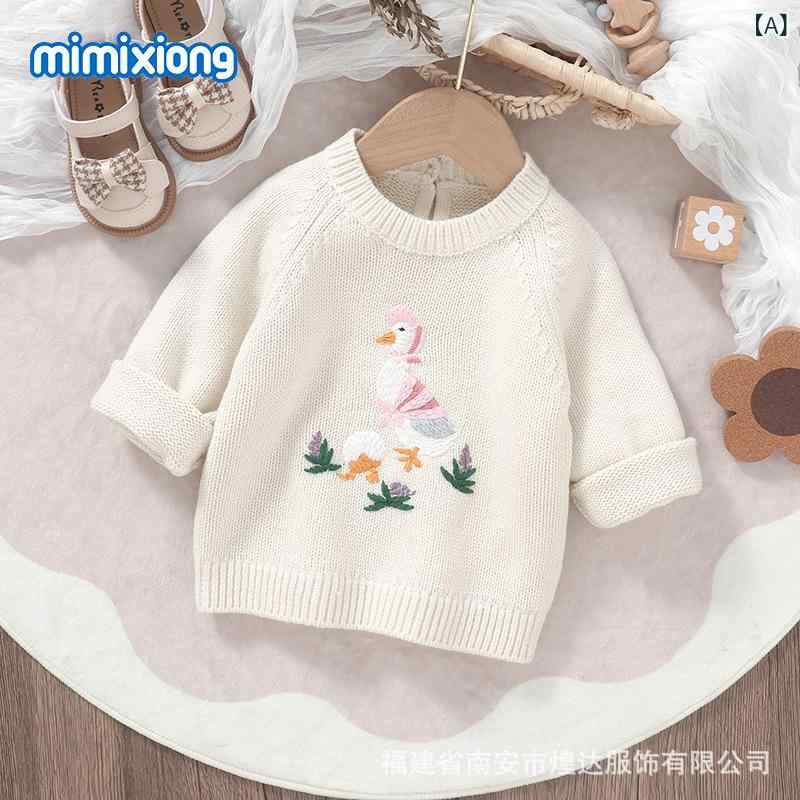 ・カテゴリ: キッズセーター・対象性別: 男女兼用・対象年齢: 幼児（1～3歳、80～100cm）・スタイル: 欧米風・生地: ニット・主な素材: アクリル95%・加工: 柔軟加工・厚み: 普通・毛糸の太さ: 普通・ネックライン: クルーネック・袖丈: 長袖・フロントデザイン: プルオーバー・開閉様式: 1つボタン・柄: 動物・実物写真: モデルなし・カラー展開: オフホワイト、ピンク、スカイブルー、レンガ・サイズ展開: 74cm、80cm、86cm、92cm、98cm