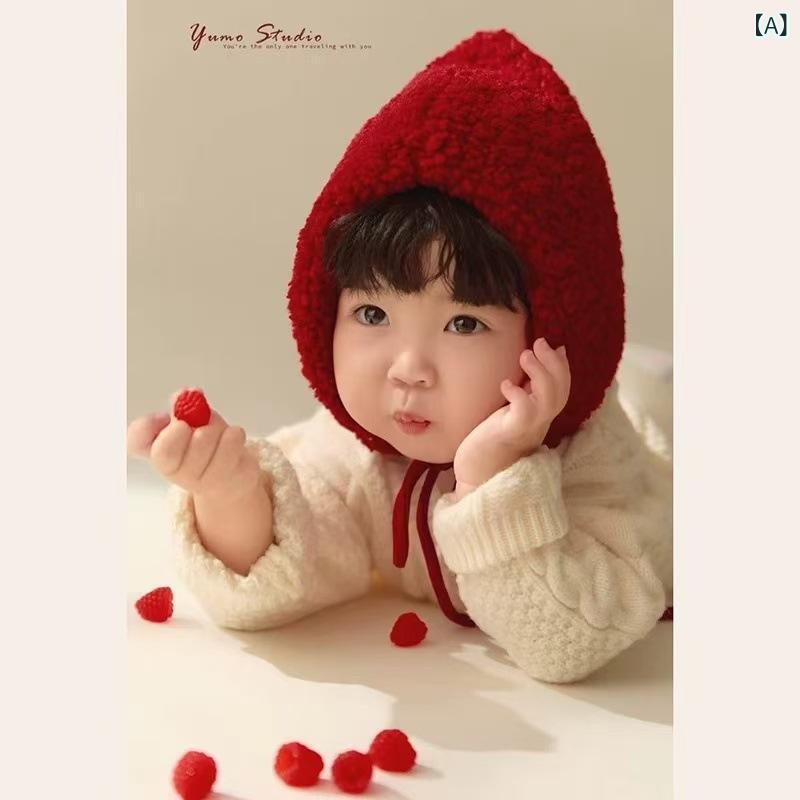 ベビーロンパース 女の子 新年 赤ずきんテーマ ニット 長袖 バースデーフォト 写真館 お祝い かわいい ..