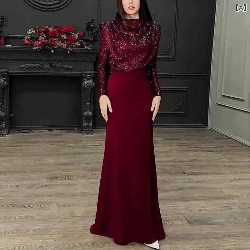 ワンピース レディース パーティー 結婚式 二次会 お呼ばれ イブニングドレス ロング丈 Aライン スパンコール エレガント 高級感 長袖 パフスリーブ ラウンドネック ポリエステル ワインレッド(x2)