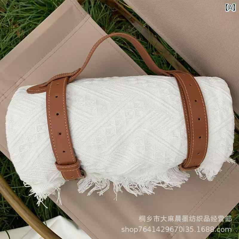 アウトドアブランケット レジャーシート 厚手 ニット チェッカー柄 フリンジ レザーハンドル キャンプ ピクニック おしゃれ アクリル ポリエステル混