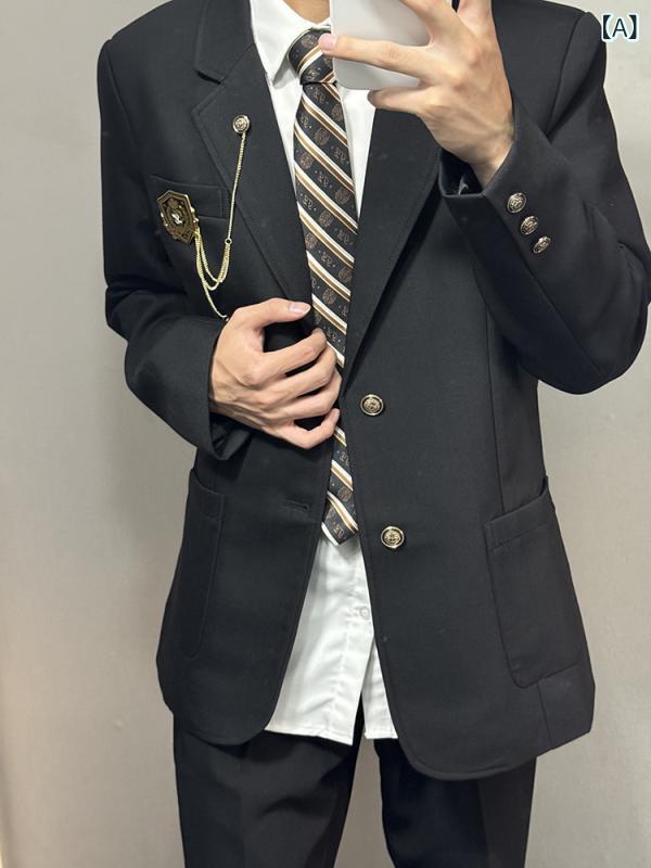 Rakuten - 制服 メンズ DKユニフォーム 学生服 スクールテイスト セットアップ ジャケット シャツ スラックス パンツ 二つボタン シングルブレスト スリムフィット 防風 ポリエステル 春秋 無地 ブラック ネイビー