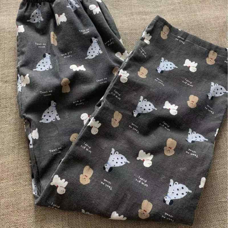 ルームウェアパンツ レディース 秋冬 チャコールグレー 犬柄 ドッグプリント 綿100% コットン 裏起毛 厚手 暖かい 保温 ポケット付き ロングパンツ 部屋着 普段使い ワンマイルウェア(x2)