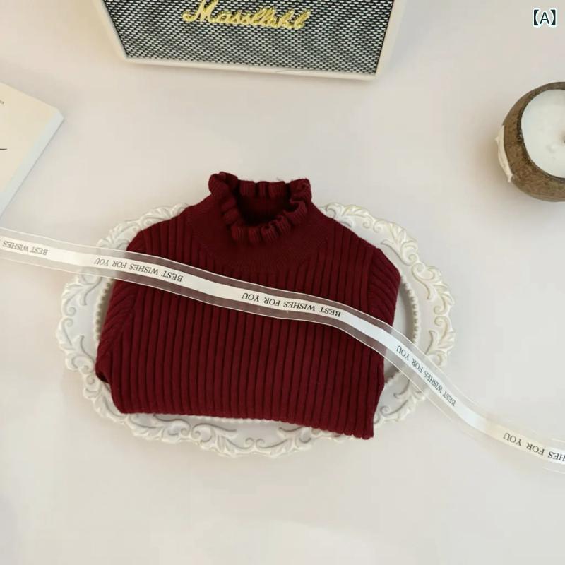 Cardigans - ニット キッズ 女の子 ベビー 長袖 ハイネック メロウフリル プリンセス 厚手 コットン トップス インナー 無地 秋冬 かわいい カジュアル 普段使い お出かけ レッド ブラック ピンク アイボリー グレー