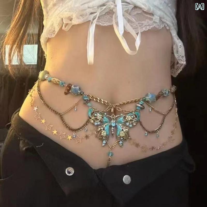 ネックレス レディース ブルー 蝶モチーフ ビーズ レトロ 2WAY チョーカー ウエストチェーン ボディチェーン 高級感 個性的デザイン 甘辛MIX クール メタルアクセサリー 普段使い 春夏秋