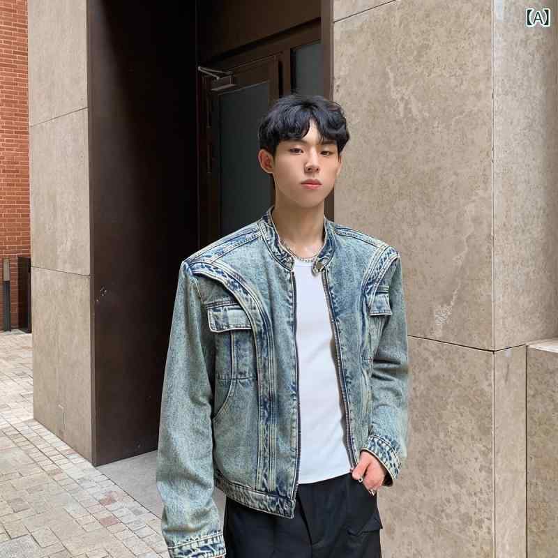 ジャケット メンズ デニムジャケット Gジャン アメカジ ストリート レトロ ヴィンテージ 肩パッド入り デザイン オーバーサイズ ゆったり ノーカラー ジップアップ 春秋 ブルー ブラック