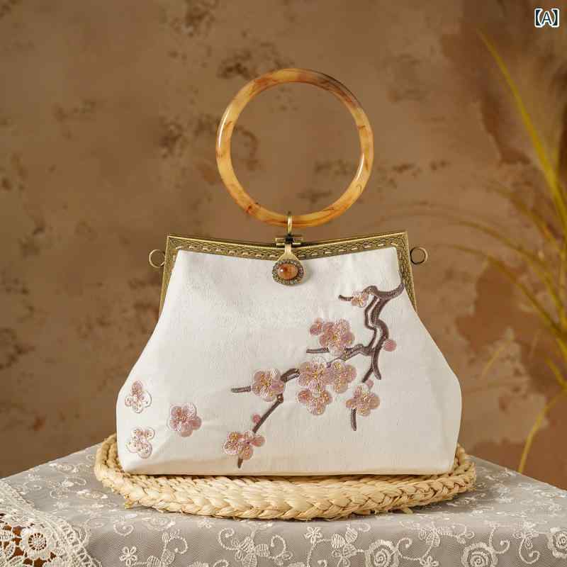 バッグ 和風 エスニック調 刺繡 梅柄 タッセル飾り チェーン ロック金具 ハンドバッグ 手提げ鞄 スクエ..