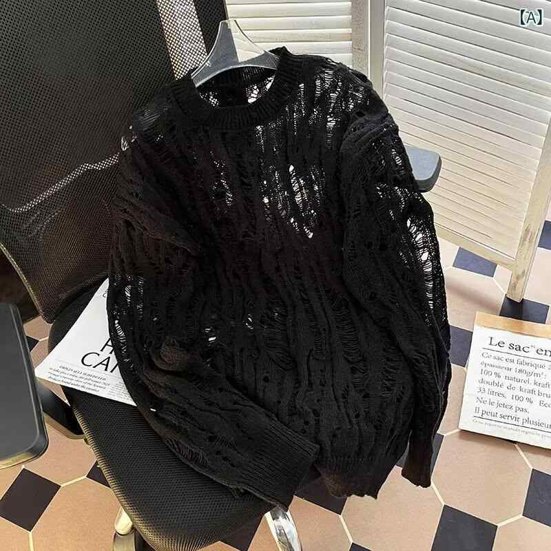 ニット メンズ プルオーバー セーター 個性派デザイン 透かし編み ダメージ加工 クラッシュ ゆったり オーバーサイズ リラックス こなれ感 カジュアル 普段使い 着回し 綿 コットン 春夏 ブラック パープル イエロー ベージュ