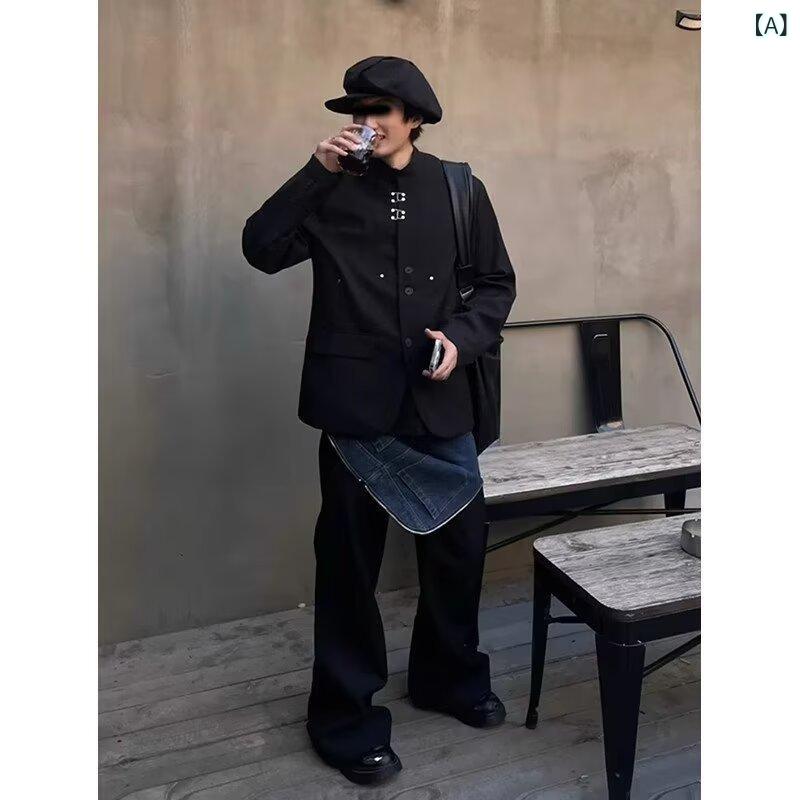 ジャケット メンズ モダンデザイン スタンドカラー 肩パッド入り 高級感 バックル留め スリムフィット 長袖 ウォッシャブル イージーケア ポリエステル混紡 普段使い ビジネスカジュアル 春秋 ブラック