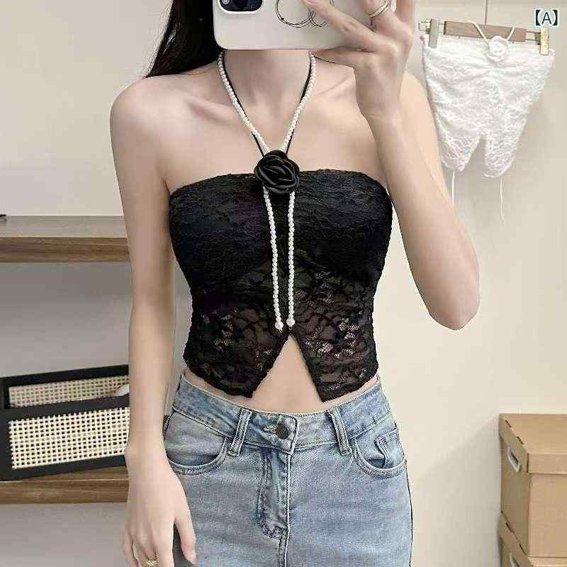 ベアトップ レディース ホルターネック パールチェーン ローズモチーフ レース カップ付き 刺繍 インナー 肌見せ 細見え 重ね着 ブラック ホワイト ナイロン