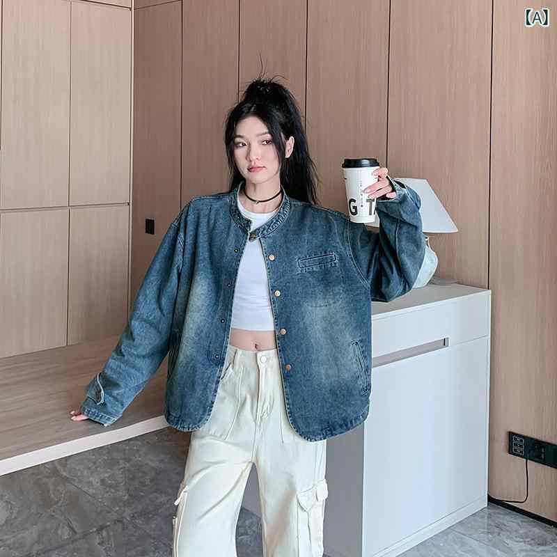 アウター レディース デニムジャケット Gジャン デザイン性 個性的 ルーズシルエット ウォッシュ加工 ダメージ加工 ヴィンテージ風 レトロ カジュアル 万能 着回し 綿 ブルー