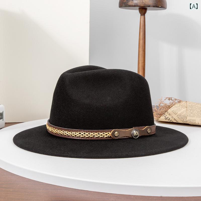帽子 男女兼用 ユニセックス 秋冬 英国風 ブリティッシュスタイル ウール 羊毛 フェルト 中折れハット ジャズ帽 レトロ クラシック 保温 防寒 防風 レザーバンド ワイドブリム 黒 茶色