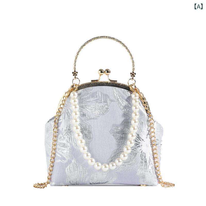 バッグ レディース 女性用 ハンドバッグ ショルダーバッグ 斜めがけ クラッチバッグ シェル型 キャンバス生地 チェーン ビーズ 留め具 ミニ 上品 シンプル 普段使い デイリー お出かけ マルチカラー 秋冬