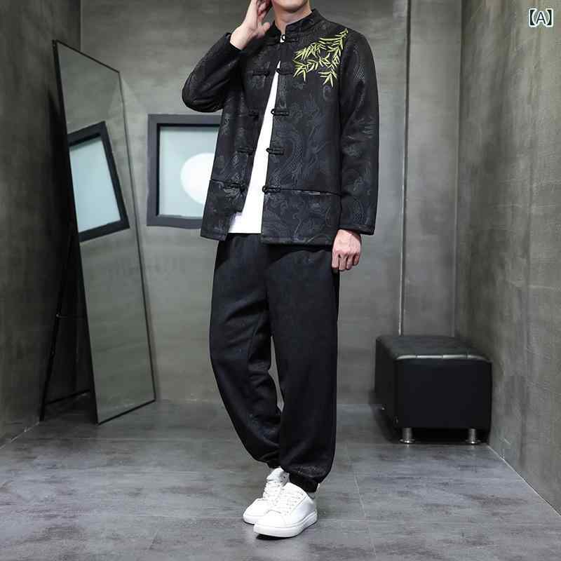 セットアップ メンズ カジュアル 新中華風 竹の葉刺繡 盤扣 唐装 フェイクスエード ジャケット アウタ..