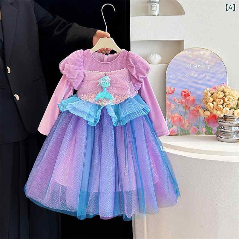 ワンピース 女の子 キッズ 人魚 プリンセス 長袖 ベルベット ドレス 高級感 誕生日 ハロウィン パーティー 発表会 フォーマル 子供服 ガールズ 秋冬