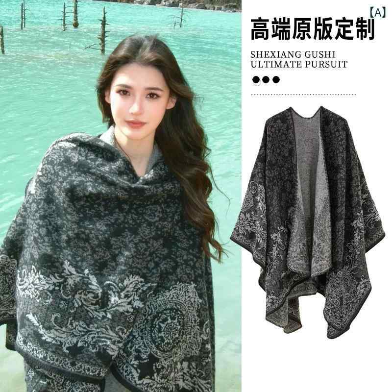 ・性別: 女性・主な素材: フェイクカシミヤ・機能: 保温・丈: ミドル丈・幅: 130cm・スタイル: レトロエスニック・カラー展開: ブラックグレー、カーキ、ブルー、オレンジ、青赤