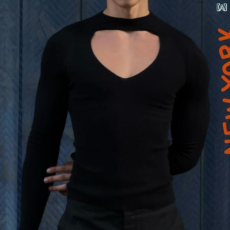 Tシャツ メンズ 男性用 秋冬 ストレッチ 伸縮性 ホルターネック シアーデザイン タイトフィット 長袖 セクシー インナー カットソー トップス 無地 ポリエステル ブラック 普段使い 通気性(x2)