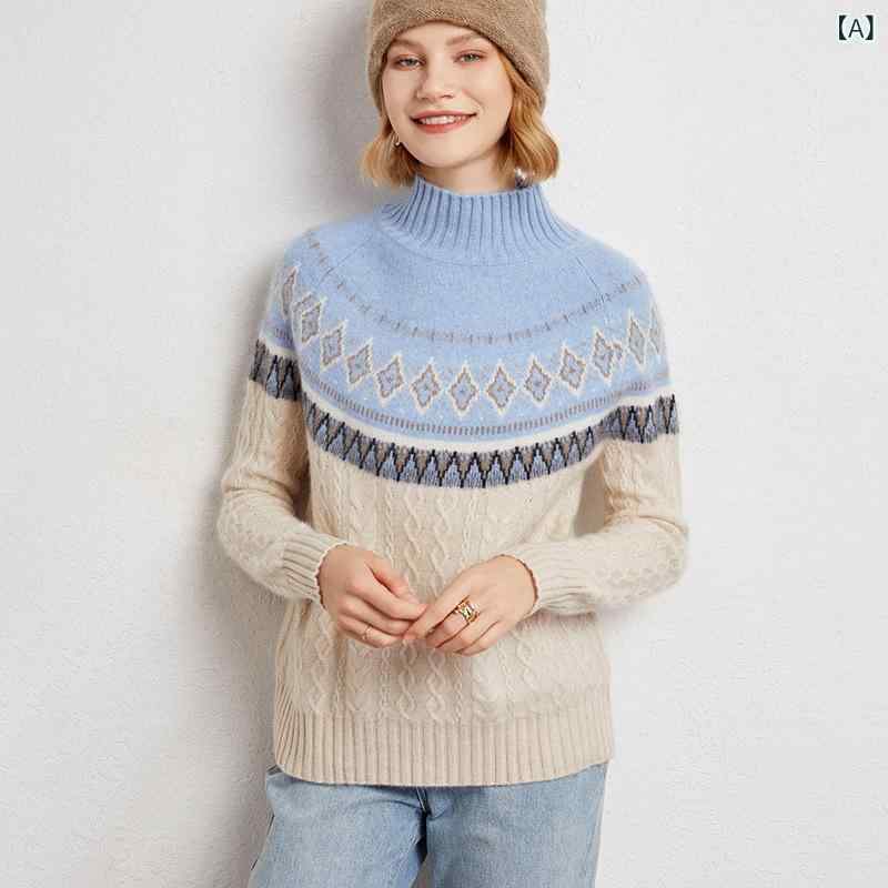 ニット レディース 純カシミヤ ハーフネック プルオーバー 厚手 レトロ 民族柄 ジャカード編み 高級感 通勤 秋冬