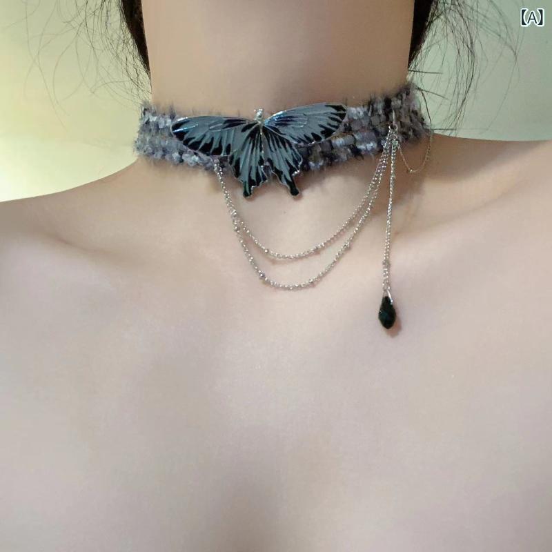 ネックレス レディース 女性用 蝶 バタフライ モコモコ タッセル くすみグレー ダスティグレー Y2K レ..