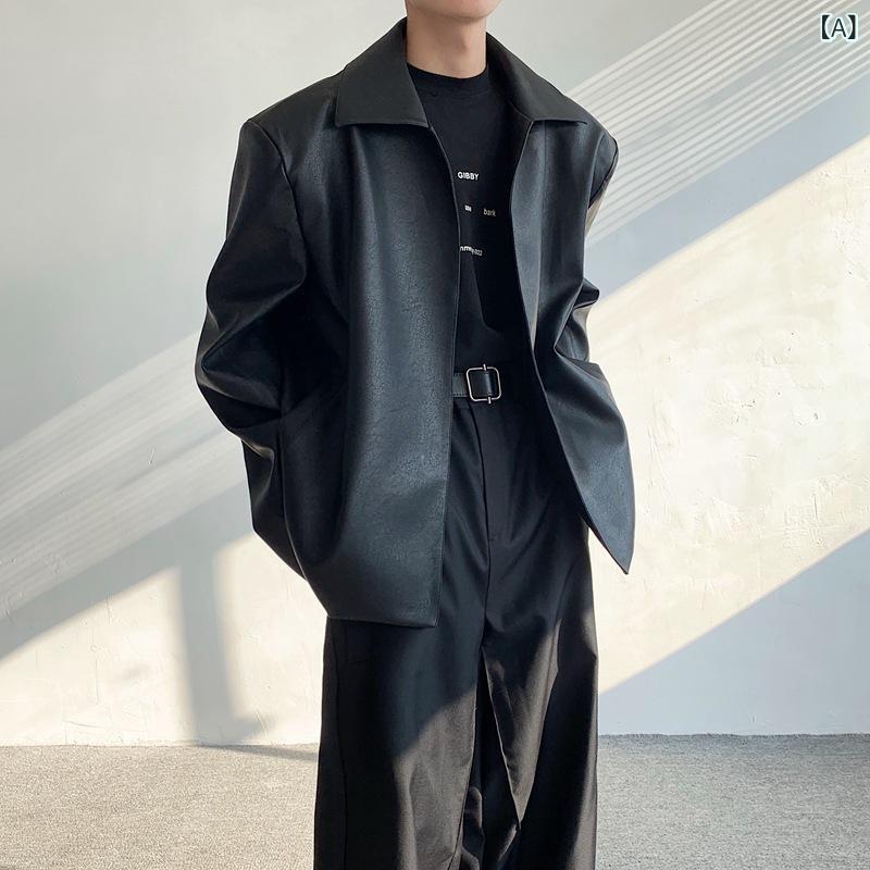 ジャケット メンズ フェイクレザー アウター アメカジ クリーンフィット 肩パッド入り 高級感 ワイルド ハイストリート ショート丈 ゆったりシルエット テーラードカラー 長袖 無地 春秋 ブラック(x2)