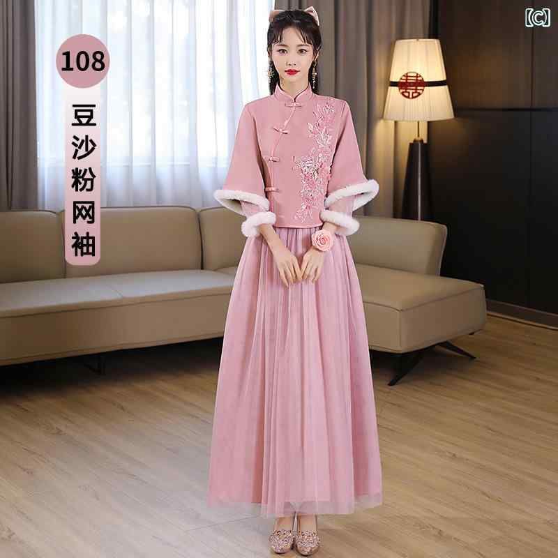 ベスト レディース 女性用 チャイナドレス 旗袍 チャイナ風 レトロ 文芸風 ゆったり Aライン ノースリーブ ミドル丈 スタンドカラー 香雲紗 シルク 再生繊維 花柄 立体柄 ピンク 前開き ボタン付き 普段使い 高級感