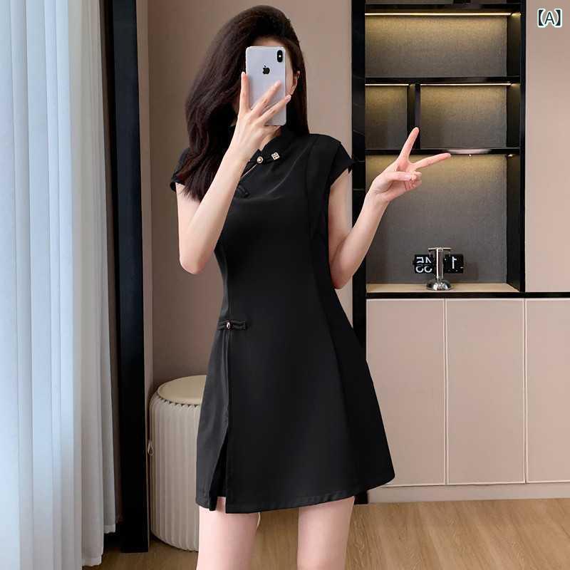 チャイナドレス レディース 新チャイナ風 ショートパンツ セットアップ リネン スタンドカラー フリル袖 スパンコール シンプル 通勤 ストリート 夏 ブラック...