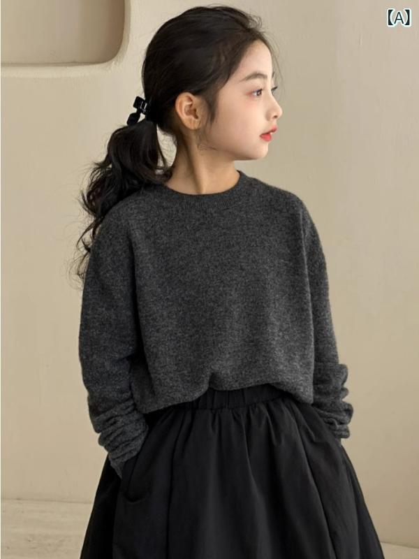 ニット キッズ 女の子 ジュニア 秋冬 保温 羊毛混紡 アクリル 長袖 ラウンドネック プルオーバー トップス 無地 暖かい やわらか 韓国風 カジュアル ダークグレー 通学 普段使い かわいい
