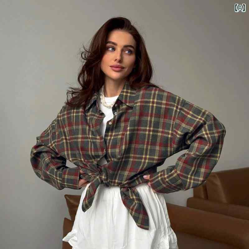 シャツ レディース チェック柄 レトロ ポロ襟 長袖 前開き ゆったり ミドル丈 ポリエステル綿混 シワになりにくい カジュアル 着回し 普段使い 春秋