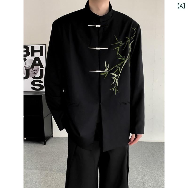 ジャケット メンズ ビッグサイズ スタンドカラー 新チャイナ風中山服 フォーマル 結婚式 披露宴 肩パッド入り ゆったり ポリエステル混紡 通気性 洗濯機洗い可能 イージーケア ブラック ゴールド