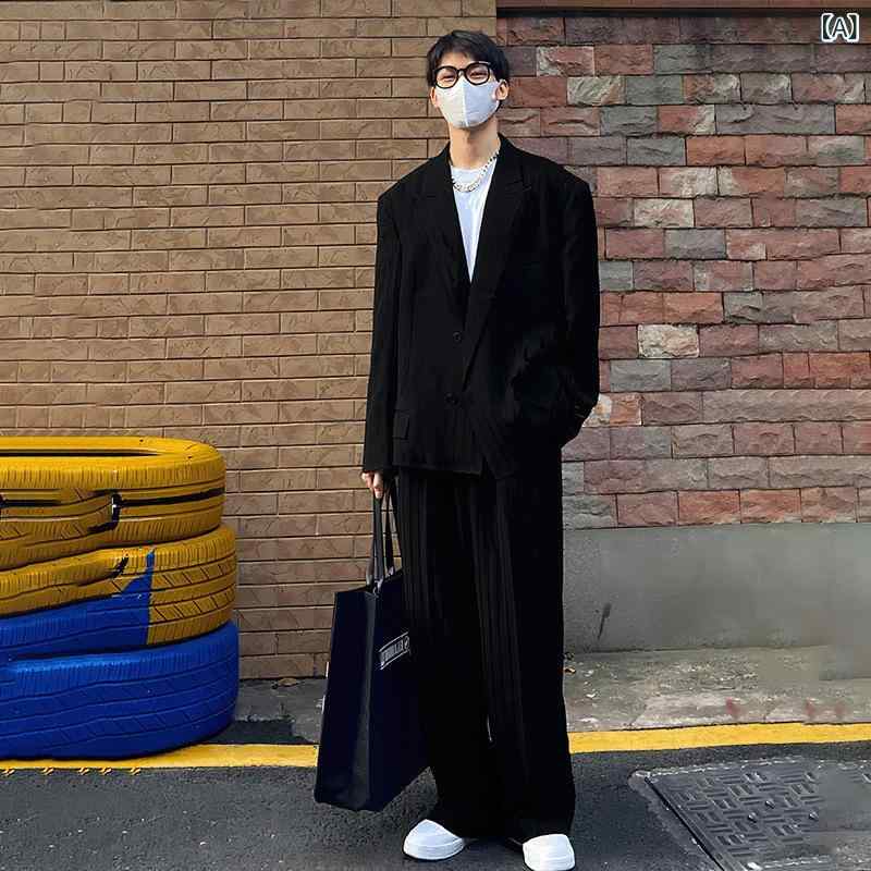 テーラードジャケット メンズ ブラック 肩パッド入り ショート丈 ビッグシルエット ルーズフィット カジュアル アウタートップス 高級感 クール シティスタイル ポリエステル 無地 春秋