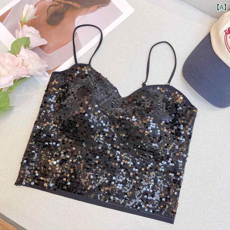 ブラトップ レディース シームレス スパンコール カップ付き Vネック 美背 キャミソール インナー ノンワイヤー ナイロン 快適 ストレッチ フェミニン トップス