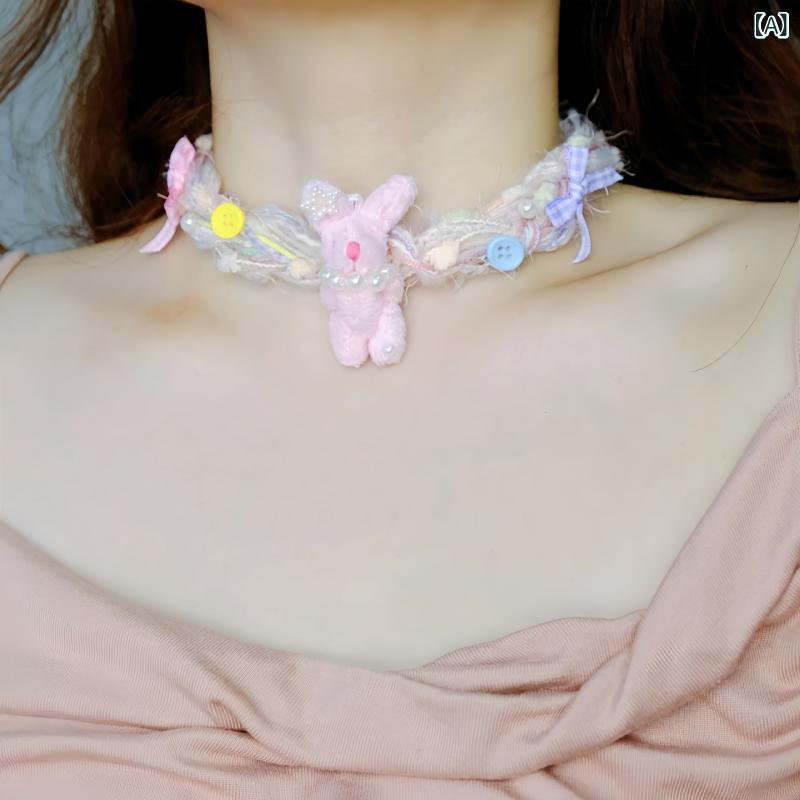 ネックレス レディース 女性用 毛糸編み込み うさぎ ラビット ボタン リボン 蝶結び アクリル レジン 鎖骨チェーン チョーカー 手作り ハンドメイド 個性的 ドーパミン 甘辛ミックス スイートクール Y2Kスタイル ファッション