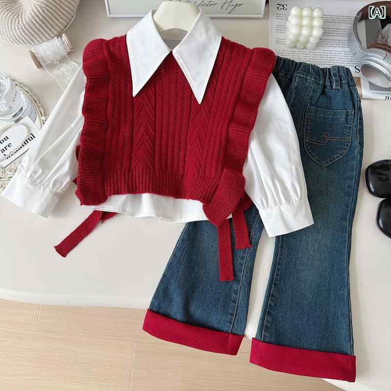 子供服 セットアップ 女の子 キッズ 韓国風 ニットベスト シャツ デニムパンツ スリーピース 3点セット 長袖 長ズボン 綿 上品 カジュアル 秋 普段使い お出かけ レッド パープル