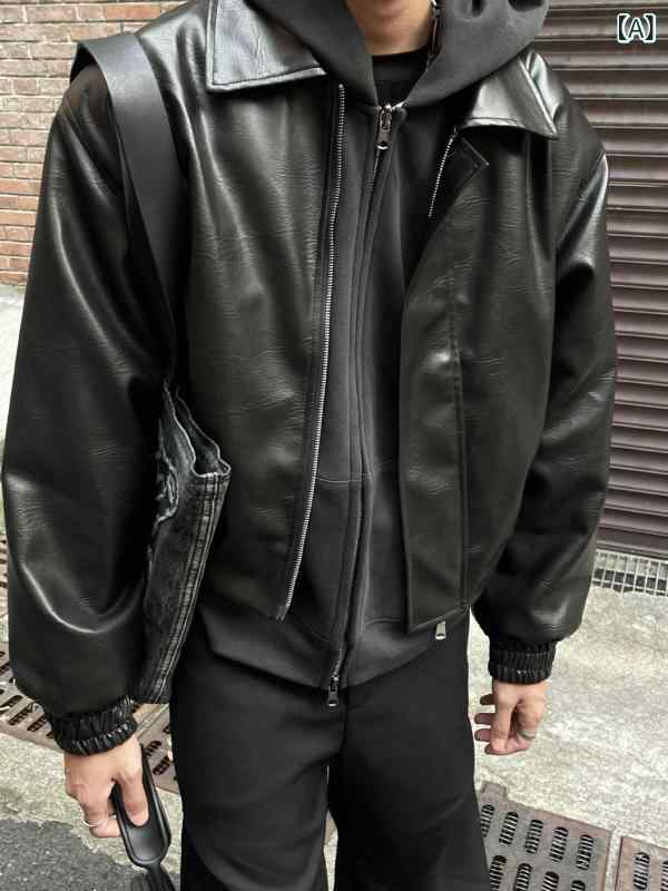 フェイクレザージャケット メンズ オーバーサイズ ショート丈 肩パッド入り レトロ アメカジ トレンド 防風 襟付き ジップアップ 韓国ファッション 春秋 カジュアル ストリート 普段使い アウター ブラック 無地