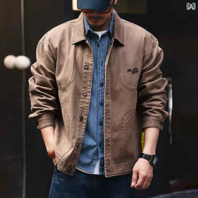 ・カテゴリ: ジャケット・スタイル: カジュアル・ネックライン: 襟付き・シルエット: ゆったり・前立て: シングルボタン・生地の厚さ: 普通・柄: 無地・対象: メンズ・主な素材: 綿100%・シーン: カジュアル・ディテール: 肩章・裾デザイン: ストレート・加工: 立体裁断・着丈: レギュラー・ポケット: サイドシームポケット・着用方法: アウター・袖丈: 長袖・カラー: ライトブラウン・サイズ展開: M、L、XL、XXL、3XL、4XL・袖タイプ: レギュラー