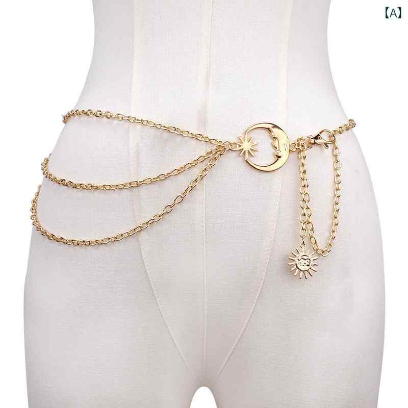 ウエストチェーン レディース シンプル 月 太陽 モチーフ メタル チェーンベルト ワンピース ドレス パンツ スラックス カジュアル フォーマル 普段使い ファッション小物 アクセサリー ゴールド シルバー カットアウト 多層