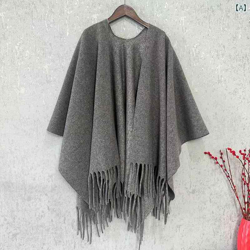 ショール レディース ウール混 アクリル カシミヤタッチ スリット 無地 エスニック 民族風 レトロ フリンジ ポンチョ ケープ マフラー 保温 あったか ふわふわ 秋冬 旅行 トラベル 普段使い ゆったり グレー ブラック