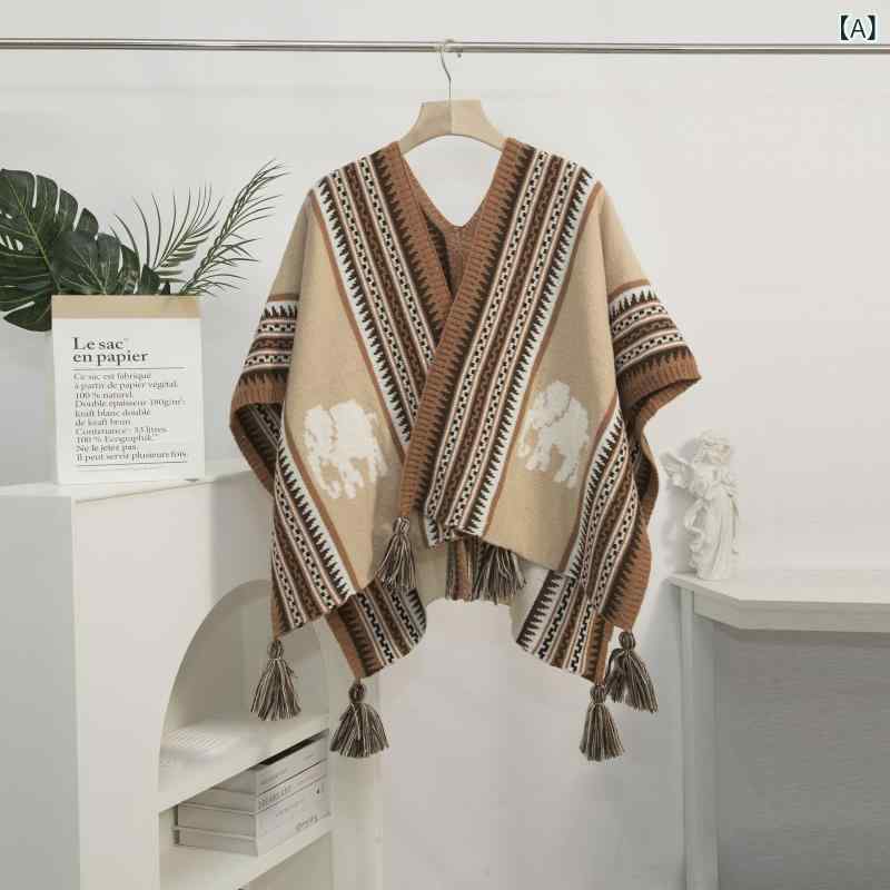 ポンチョ レディース フード付き 民族調 エスニック ケープ ショール フェイクカシミヤ プルオーバー 旅行 写真撮影 切り替え トーテム柄 暖かい アウター カーキ ブルー(x2)