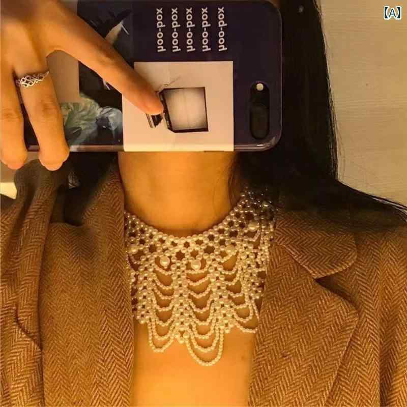 ネックレス レディース 手編み フェイクパール 付け襟風 ドールカラー チョーカー 多層 重ね付け チャイナ風 レトロ エレガント 上品 通勤 オフィス