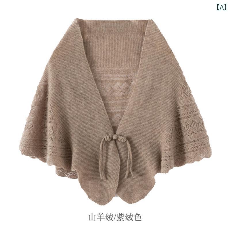 For Women - ショール レディース 女性用 ニット ポンチョ ストール マフラー 羽織り 透かし編み ボタン付き 冷房対策 保温 暖かい 首肩保護 ケープ 三角フォルム オールシーズン 上品 シンプル カジュアル