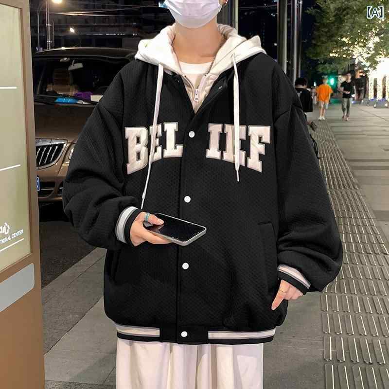 Jumper, Blouson - ジャケット メンズ ベースボールジャケット アメカジ オーバーサイズ ビッグシルエット 切り替え 春秋 デニム ポリエステル ブラック 耐久性 ストリート カジュアル トレンド